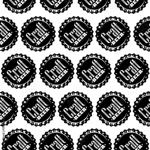 Seamless pattern with repeating black and white beer bottle caps featuring Craft Beer text and star accents.