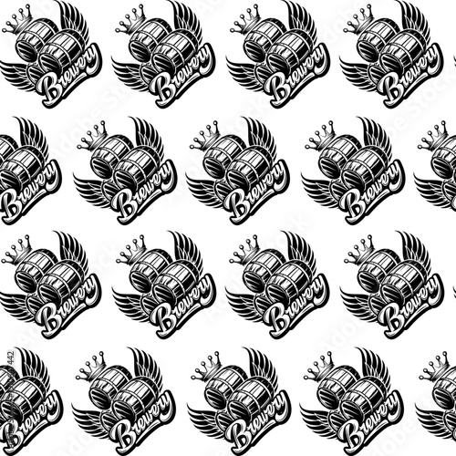 Seamless pattern of black and white vintage brewery emblems with winged beer barrels and crowns.