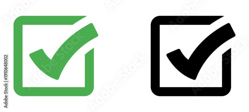 Checkmark icon. Square tick approved symbol with black and green color