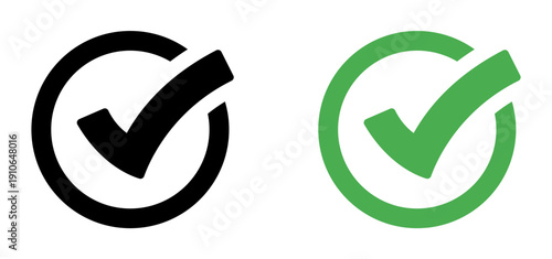 Checkmark icon. Circle tick approved symbol with black and green color