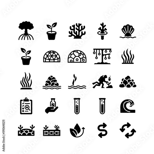 Saturated immersive icons for marine restoration projects featuring mangrove planting and coral reef cultivation for ocean conservation websites and environmental impact statements