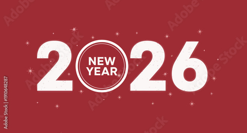 New Year 2026 typography with red background and white stars.