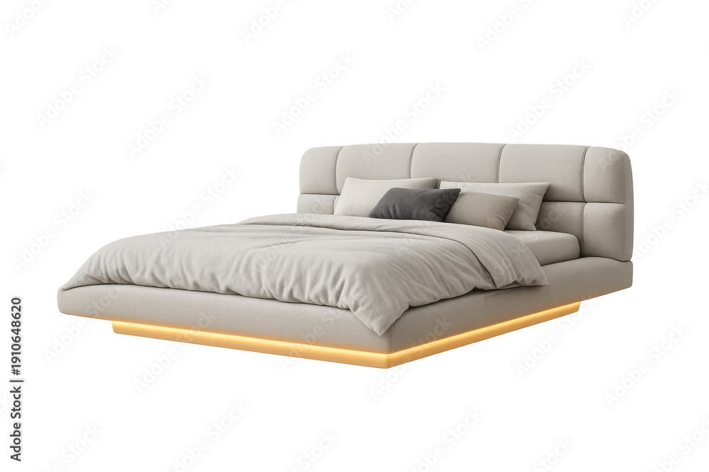 Fototapeta premium Floating platform bed with upholstered headboard and led lighting