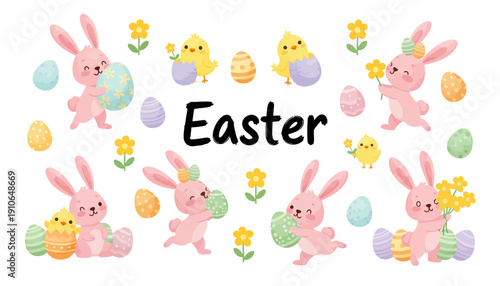 Easter bunnies and eggs in a festive cartoon illustration.