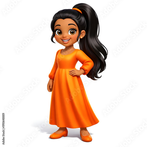 Sweet Girl with long black hair in ponytail wearing orange dress and matching shoes