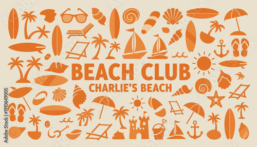 Vibrant orange beach-themed icons and graphics for summer vacation.