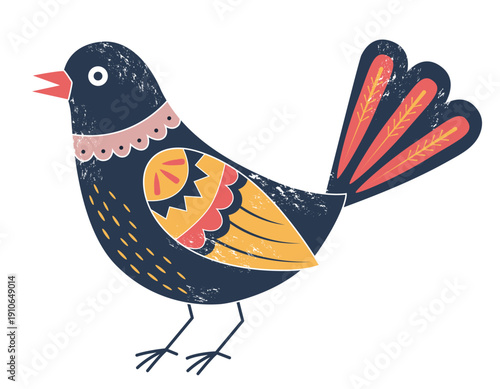 Traditional folk bird illustration. Stylized hand drawn bird with texture