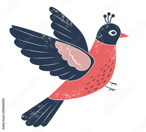 Traditional folk bird illustration. Stylized songbird, lark. Hand drawn bird with texture.