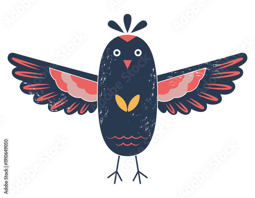 Traditional folk bird illustration. Stylized bird with spread wings. Hand drawn parrot with texture