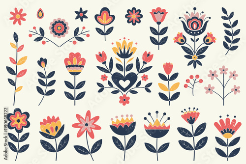 Hand drawn textured folk botanical elements collection. Flowers, leaves, branches and symmetrical floral compositions.