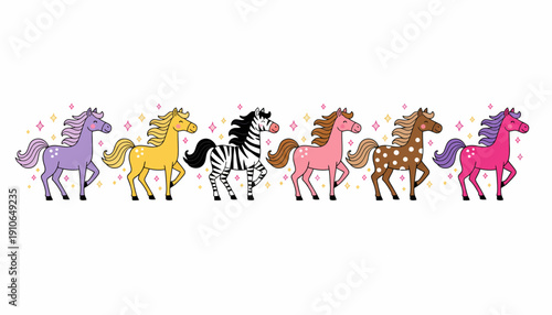 Colorful cartoon horses running in a row with sparkles.