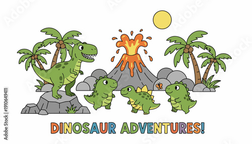 Colorful cartoon dinosaurs on tropical islands with erupting volcano.