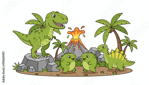 Cartoon dinosaurs in a prehistoric landscape with volcano.