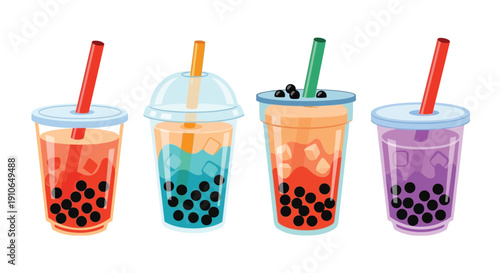 Four colorful bubble tea drinks with tapioca pearls and straws displayed