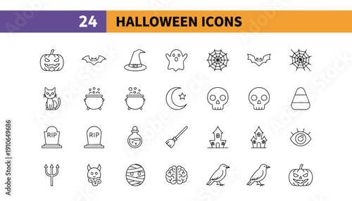 Collection of 24 Simple Halloween Icons in Line Style.