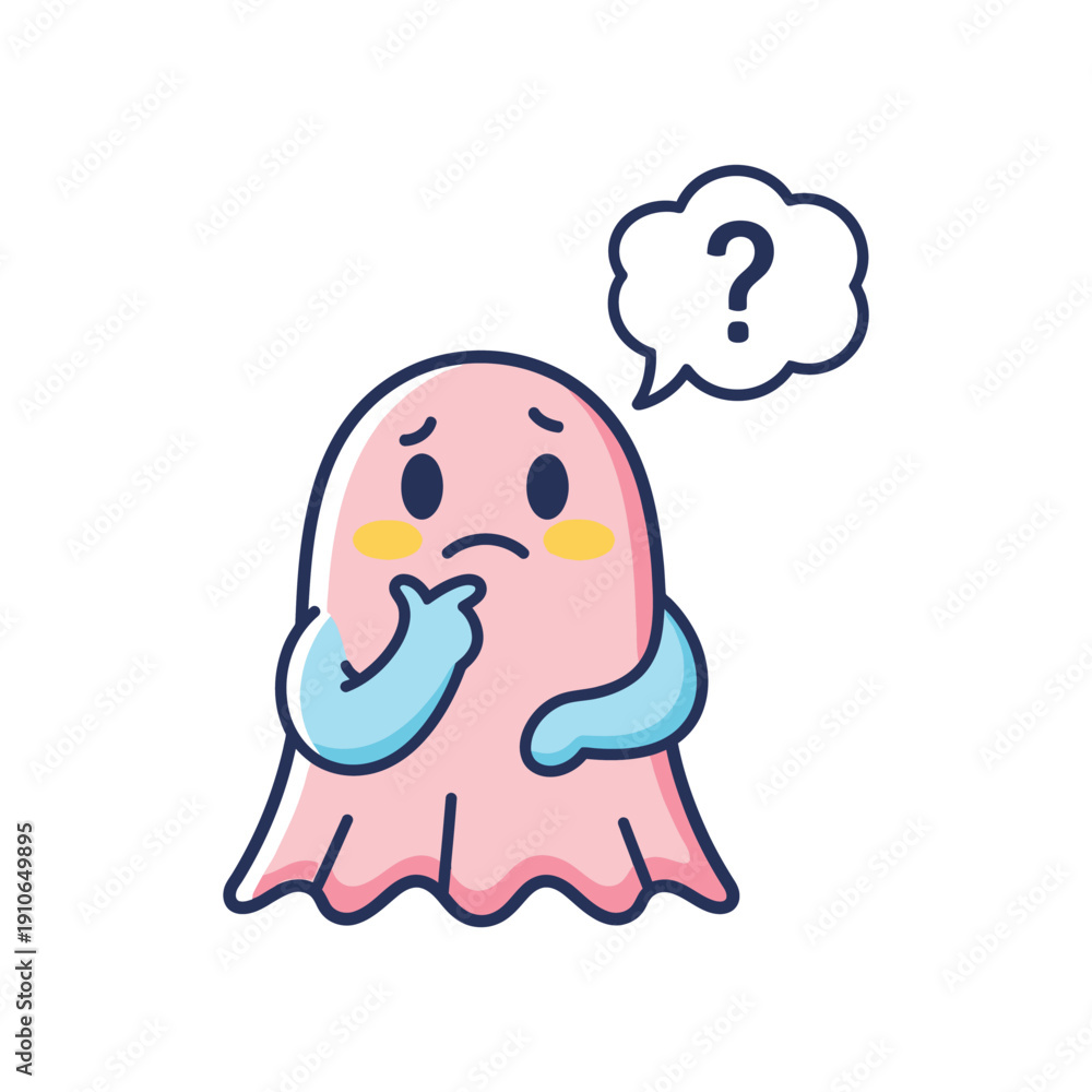 Fototapeta premium Thinking ghost character in cartoon style with puzzled expression in soft pastel colors on white background for digital illustration