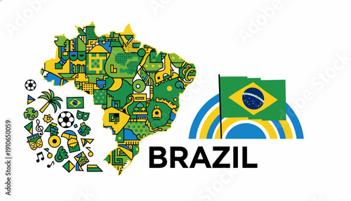 Brazil map illustration with national flag and cultural symbols.