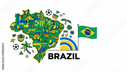 Brazil Map Illustration with National Symbols and Football Elements.