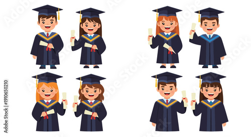 Eight graduating students happily holding diplomas a celebratory illustration