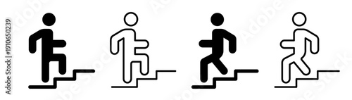 Stairs vector icon set. Man on the stairs icon. Man climbing and descending stairs icon. Walking up and down staircase or stairs sign.