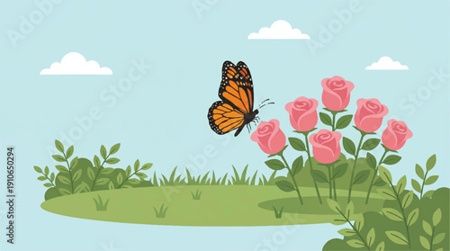 a monarch butterfly flying over pink roses on a green lawn with clouds in the sky