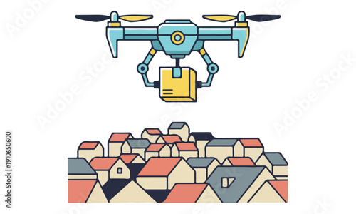 Automated Drone Delivery Flying Package Over Residential Rooftops