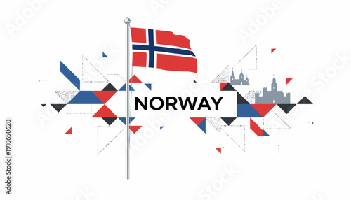 Norwegian flag waving with geometric shapes and castle silhouette.