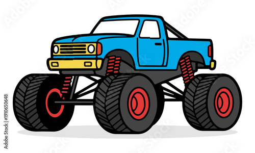 Blue Monster Truck Cartoon with Oversized Tires Isolated on White