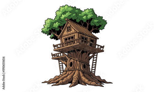 Wooden Treehouse Illustration on Giant Fantasy Tree Trunk Isolated
