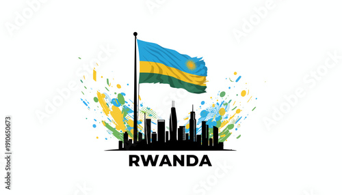 Rwanda flag waving with cityscape and colorful splashes.