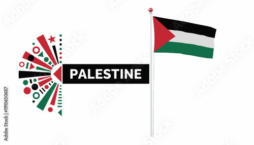 Palestine flag and emblem with symbolic elements.