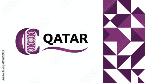 Qatar branding identity with geometric pattern and logo.