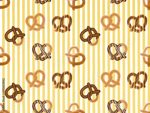 Seamless pattern of pretzels in various variations on striped background.