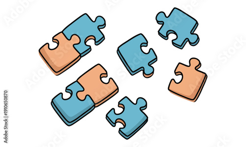 Jigsaw Puzzle Pieces Connected and Scattered, Hand-Drawn Doodle Style