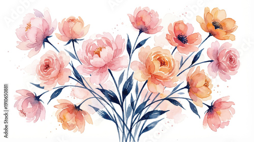 beautiful bouquet of pink and orange flowers on white background