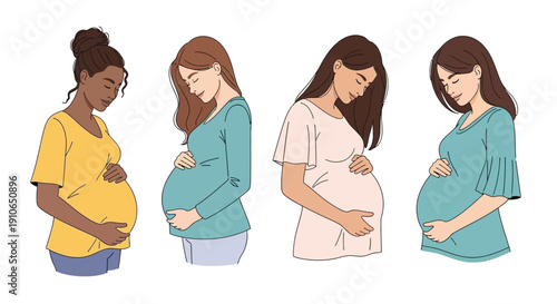 Four diverse pregnant women standing in a row gently holding their bellies