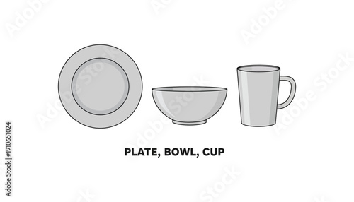 Plate, bowl, cup vector on white