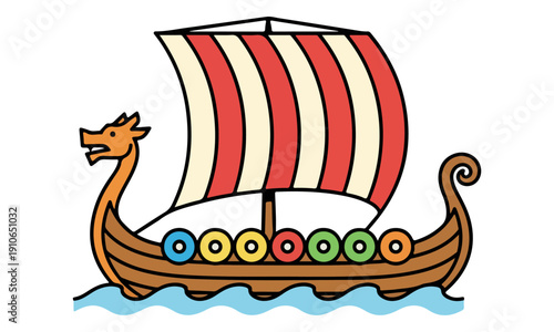 Viking Longship Drekar with Dragon Figurehead and Shields Icon