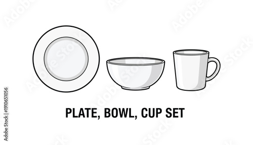 White Ceramic Plate Bowl and Cup Set Illustration