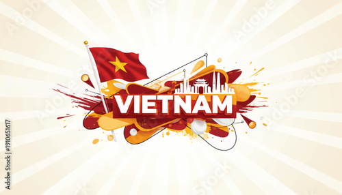 Vietnamese national flag with dynamic brush strokes and abstract design elements.