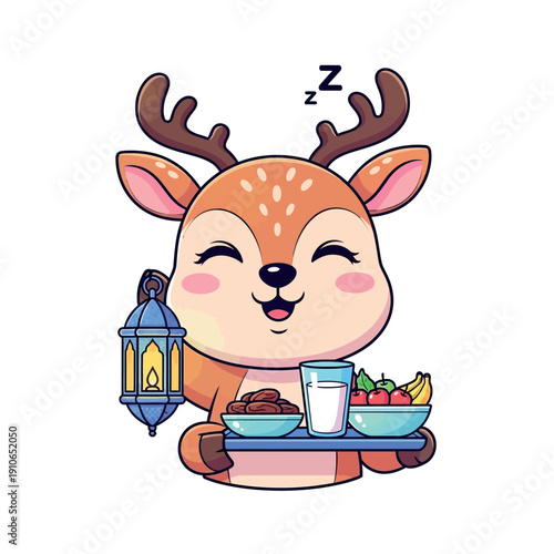A cheerful cartoon deer with antlers holds a tray of food and a lantern while sleeping in a cute, dreamy scene with a soft color palette.