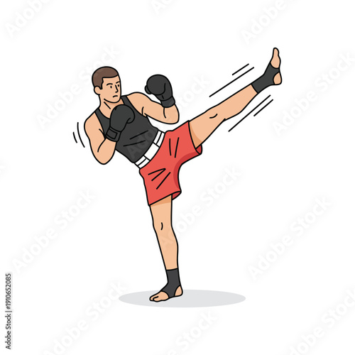 Kickboxer high kick action, flat vector illustration, strong motion pose, isolated on white background