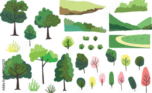 Diverse collection of colorful cartoon trees, bushes, and landscape elements, perfect for game development or children's illustrations.