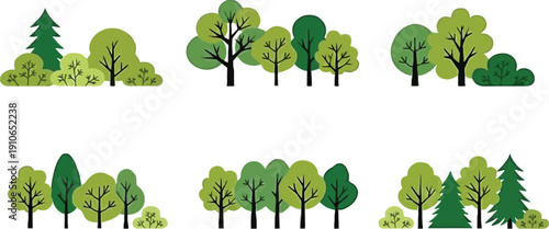 Stylized flat design illustrations of diverse green trees and bushes, creating natural woodland scenes for various applications.