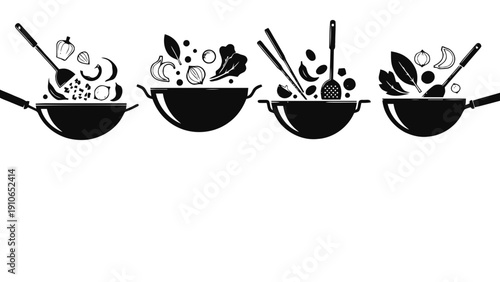 Vector illustration of set of four wok cooking illustrations showing ingredients being tossed and stirfried in traditional asian woks on a transparent background