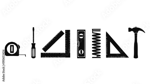 Vector illustration of collection of black silhouette construction and carpentry measuring tools tape measure, screwdriver, rulers, spirit level, and hammer on on a transparent background