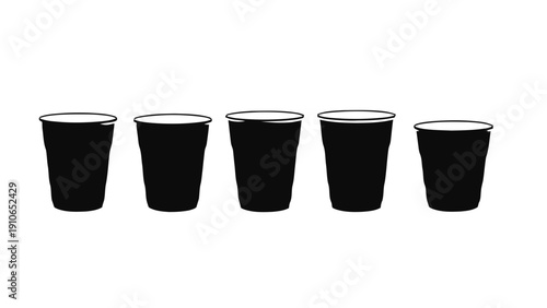 Vector illustration of five black plastic cups in a row, on a transparent background