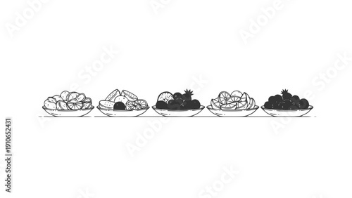 Vector illustration of set of five bowls with different fruits and berries, handdrawn style, on a transparent background
