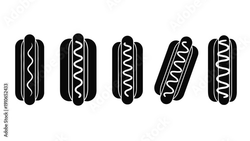 Vector illustration of set of five black and white hot dog icons with mustard topping in different orientations, simple vector graphic illustration on a transparent background