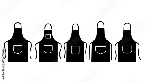 Vector illustration of set of five black apron icons for cooking and kitchen use on a transparent background